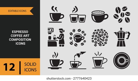 Espresso coffee art composition solid icons collection featuring latte foam barista creativity premium cafe beverages and artistic coffee presentation themes