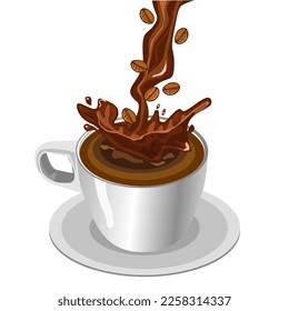 Espresso coffee and coffee beans are poured into a glass and splashed.white ceramic mug and saucer.vector illustration isolated on white background.