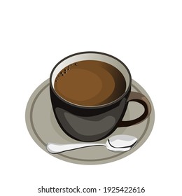 Espresso coffee in a black cup with a spoon on the side.Vector illustration isolated on white background.