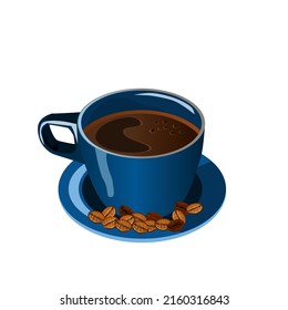 Espresso coffee in a blue ceramic mug.There were coffee beans placed on the side.Vector illustration isolated on white background.Can be used for logo, icon, restaurant menu, packaging.