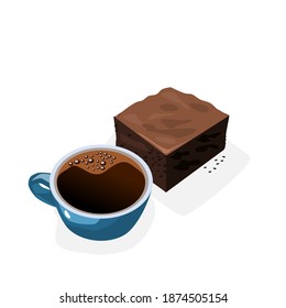 Espresso coffee in a blue cup. There was a brownie on the side.Vector illustration isolated on white background.home making coffee.