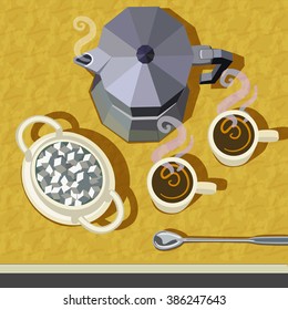 Espresso coffee brewer with 2 steaming cups of coffee a spoon & a large sugar bowl fulll of cubed sugar
