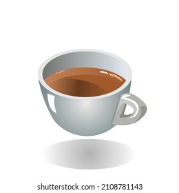 Espresso coffee in ceramic mug and floating above the floor.Isolated vector illustration on a white background.