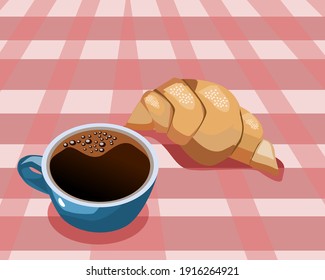 Espresso coffee and croissant on cloth.Vector illustration.