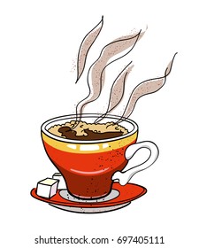 Espresso coffee cup cartoon hand drawn image. Original colorful artwork, comic childish style drawing.