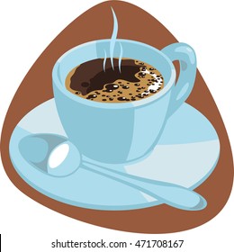Espresso coffee cup with hot coffee and spoon on saucer. Isolated. Brown background.