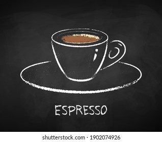 Espresso coffee cup isolated on black chalkboard background. Vector chalk drawn sideview grunge illustration.