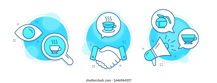 Espresso, Coffee cup and Mocha line icons set. Handshake deal, research and promotion complex icons. Coffeepot sign. Hot drink, Tea mug, Coffee cup. Food and drink set. Vector