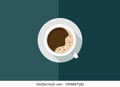 Espresso coffee cup with saucer, top view. Blue duocolor background. Flat style vector illustration