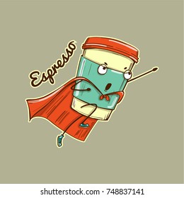 Espresso coffee cup superhero character, vector illustration
