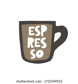 Espresso coffee hand drawn illustration with typography. Cup silhouette and hot drink. Colored grunge style lettering with ink drops. Restaurant coffee card, poster design element