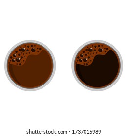 Espresso coffee and latte coffee.Coffee cup with a shadow. View from top.Espresso coffee vector illustration isolated on brown background