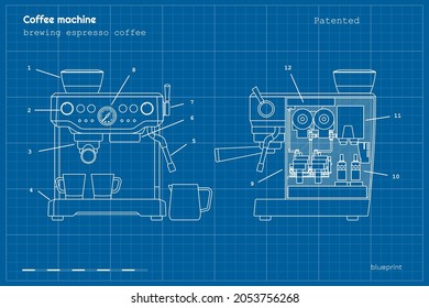 Espresso coffee machine blueprint. Outline drawing of coffeemaker. Industrial linear concept. Vector illustration