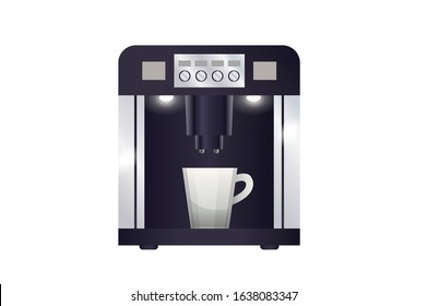 Espresso Coffee Machine with Drip Tray Isolated on White. Black and Steel Automatic Coffee Maker with Two Cups. Domestic and Household Appliances vector illustration