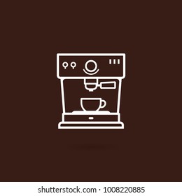 Espresso coffee machine icon. Coffee machine outline icon with brown background. Equipment vector illustration. Icon machine with cup in flat line design style