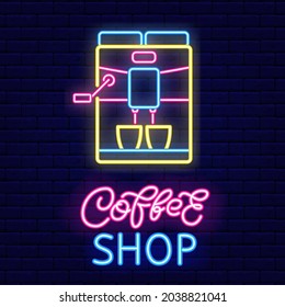 Espresso coffee machine neon light icon. Coffee shop brush lettering. Barista professional device. Outer glowing effect banner. Editable stroke. Isolated vector stock illustration