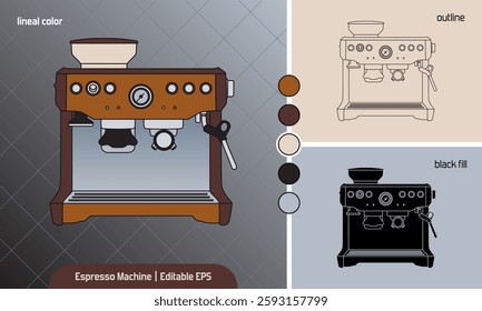 Espresso Coffee Machine vector illustration in 3 variation icon style, lineal color, outline, black fill. Popular automatic coffee maker machine design element. Editable EPS for education or business.