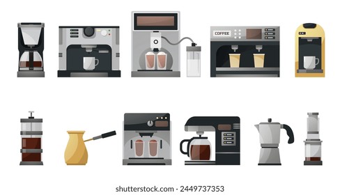 Espresso coffee machines. Vintage automatic and manual coffee makers, french press, moka, turkish cezve, grinder and kettle. Vector isolated set. Equipment for beverage making, pouring drink