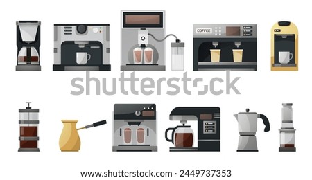 Espresso coffee machines. Vintage automatic and manual coffee makers, french press, moka, turkish cezve, grinder and kettle. Vector isolated set. Equipment for beverage making, pouring drink