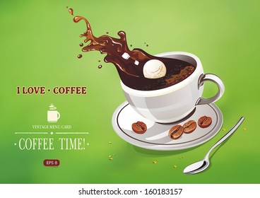 Espresso Coffee on green background. Vector illustration