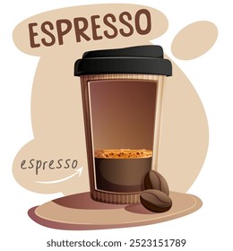 Café expresso em xícara de papel com grãos de café. Ilustração vetorial para faixa, site, cartaz, menu. Ilustração para café, casa de café, bar, conceito de comida, receita