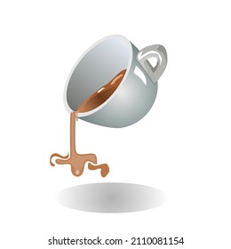 Espresso coffee poured on the floor from a ceramic mug.Isolated vector illustration on a white background.