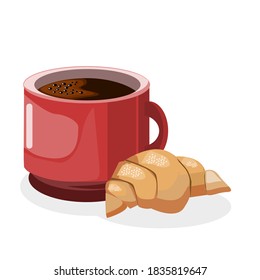 Espresso coffee in a red cup with a croissant on the side.Vector illustration isolated on white background.