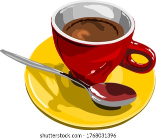 Espresso coffee in a red cup on a yellow saucer