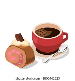 Espresso coffee in a red cup There is a chocolate-flavored roll cake placed on the side.Vector illustration isolated on white background.Can be used for logo, icon, restaurant menu, packaging, and gra