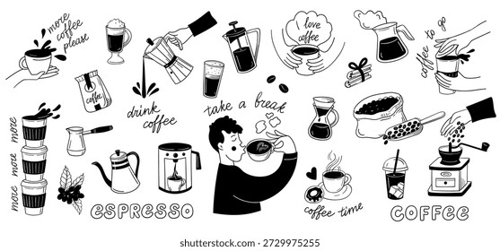 Espresso and coffee shop doodle icon set with barista tools, coffee grinder and pot, for cafe menu packaging, social media stickers. Vector hand drawn doodle style.