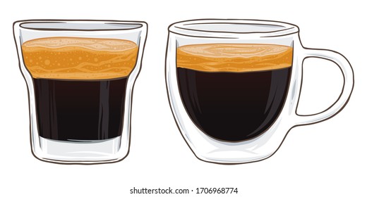 Espresso coffee shot in glass, vector illustration isolated on white background