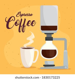 espresso coffee, syphon method on yellow background vector illustration design