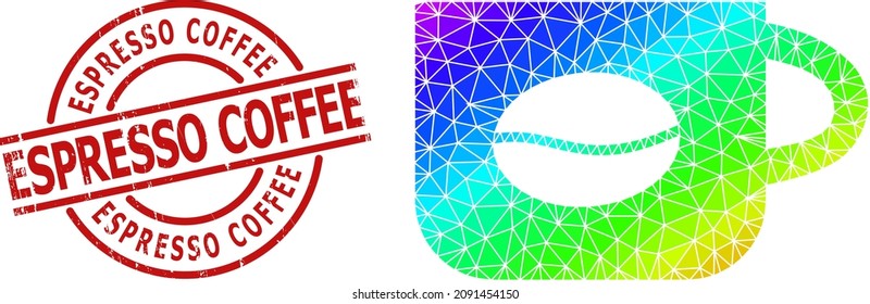 Espresso Coffee textured seal and lowpoly spectrum colored coffee cup icon with gradient. Red seal has Espresso Coffee text inside circle and lines template.