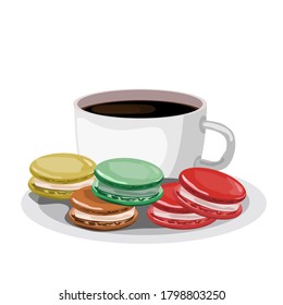 Espresso coffee in a white cup with macaron on the side.Vector illustration isolated on white background

.