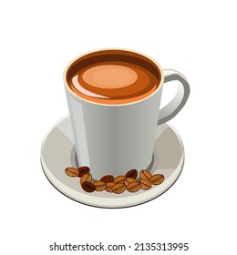 Espresso coffee in a white cup.There were coffee beans placed on the side.Vector illustration isolated on white background.Can be used for logo, icon, restaurant menu, packaging.