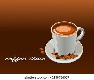 Espresso coffee in a white cup.There were coffee beans placed on the side.with text white time coffee.Isolated vector illustration on brown background.