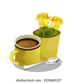 Espresso coffee in a yellow cup and yellow rose, with a spoon on the side.Vector illustration isolated on white background.