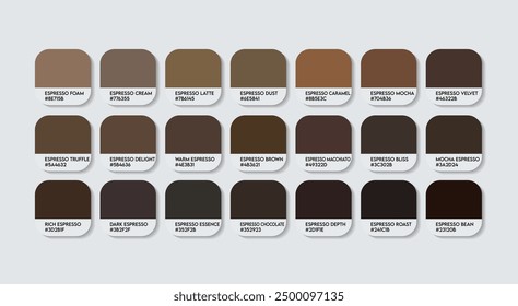 Espresso Color Palette, Espresso Color Guide Palette with Color Names. Catalog Samples of the Dark Brown with RGB HEX codes and Names. Wood Color Palette Vector, Water-based Colors, Dark Brown colors