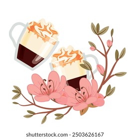 Espresso con Panna with creamy topping decorated with Antique Peach Wreath on isolated white background