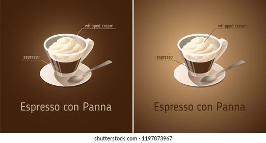 Espresso con Panna. Vector isometric icon on dark brown and beige background. Coffee cup with ingredients of the drink