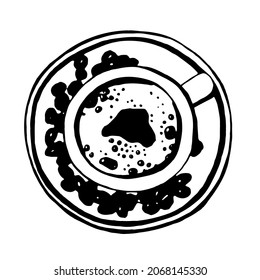 Espresso cup with bubbles on a plate with coffee beans. Top view. Black vector hand drawn