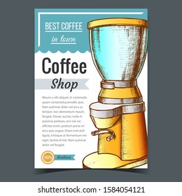 Espresso Energy Drink Brew Machine Banner Vector. Modern Electric Coffee Machine With Grinder For Make Brewed Coffee. Home Tool Layout Designed In Vintage Style Colorful Illustration