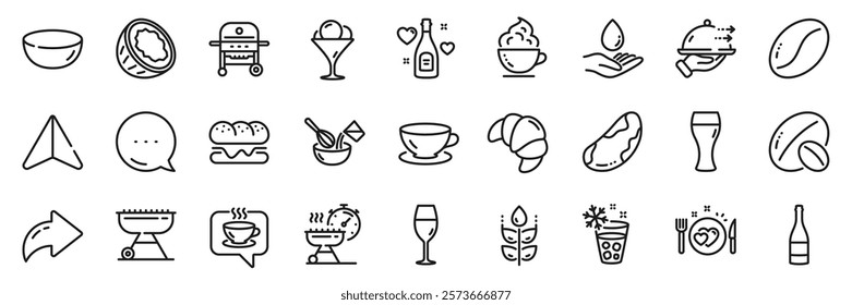 Espresso, Food delivery and Ice cream line icons pack. Share, Message, Paper plane icons. Wineglass, Romantic dinner, Coffee beans web icon. Coconut, Coffee, Ice maker pictogram. Vector