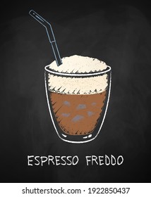 Espresso Freddo coffee glass isolated on black chalkboard background. Vector chalk drawn sideview grunge illustration.