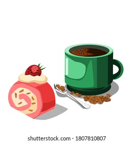 Espresso in green cup with roll cake and coffee beans placed on the side, isolated vector illustration on white background.