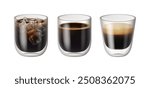 Espresso and ice coffee drink glass realistic isolated glass cups on white background. Cold frozen coffee with ice, refreshing aromatic energy drink. Delicious iced americano with foam