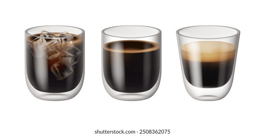 Espresso and ice coffee drink glass realistic isolated glass cups on white background. Cold frozen coffee with ice, refreshing aromatic energy drink. Delicious iced americano with foam