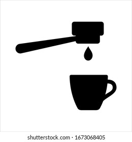 Espresso icon. Portafilter, pouring strong coffee and espresso cup. Vector Illustration