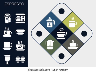 espresso icon set. 13 filled espresso icons. Included Coffee, Cup, Tea, Coffee cup, Coffee maker, French press icons