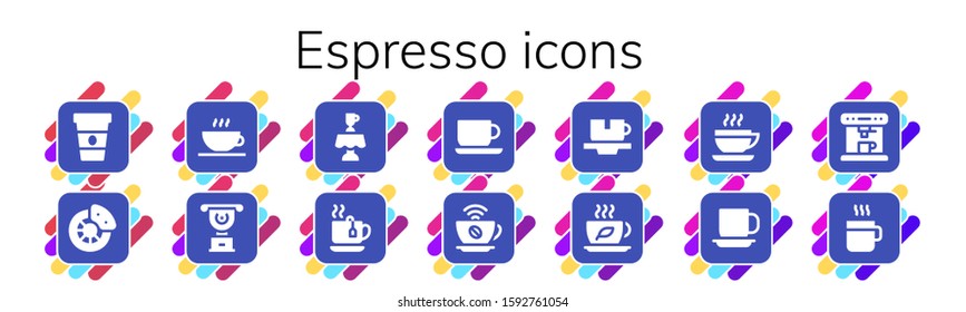 espresso icon set. 14 filled espresso icons.  Simple modern icons such as: Coffee, Break, Coffee shop, Cup, Latte, Tea, Coffee cup, machine